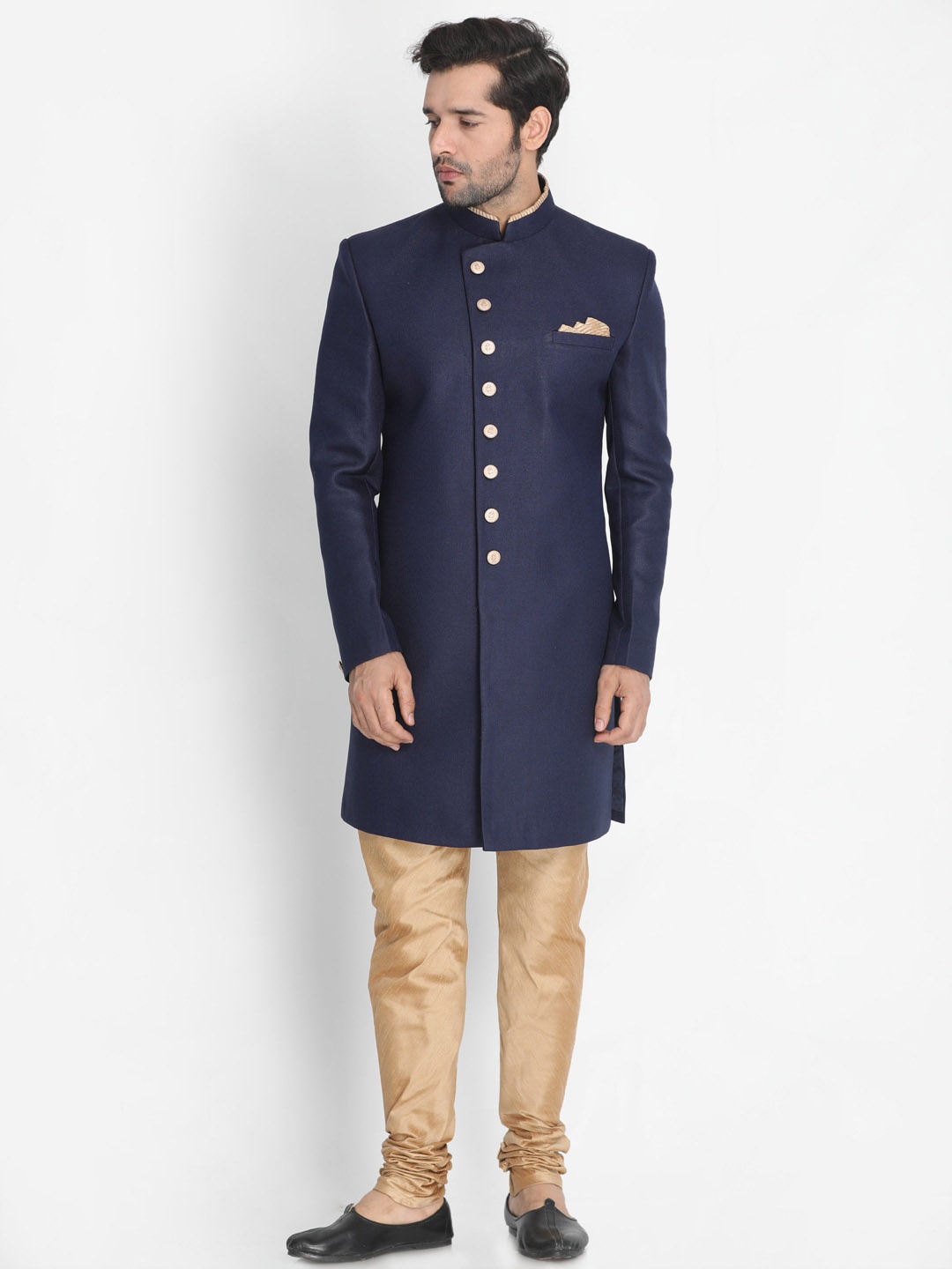 

VASTRAMAY Men Navy Blue & Rose Gold Colored Solid Sherwani Set