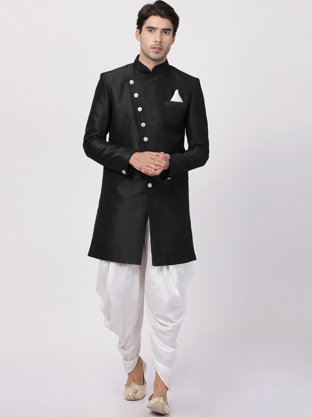

VASTRAMAY Men Black & White Sherwani with Dhoti Pants