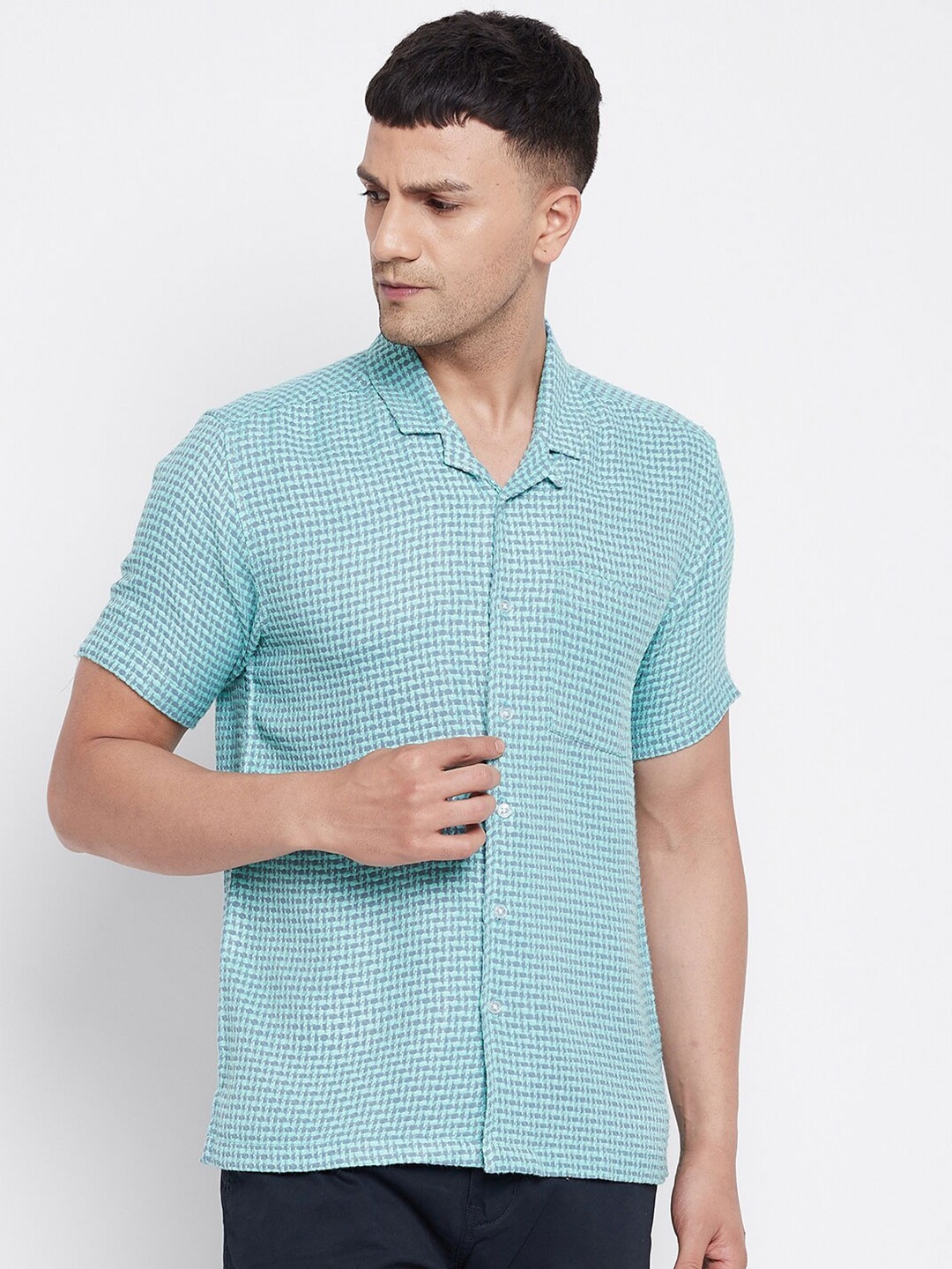 

even Men Green Slim Fit Micro Checks Checked Casual Shirt