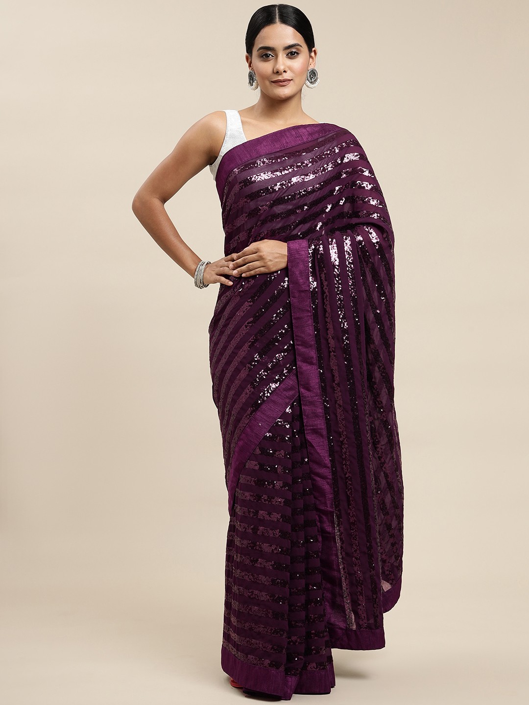 

JATRIQQ Purple Embroidered Sequinned Saree