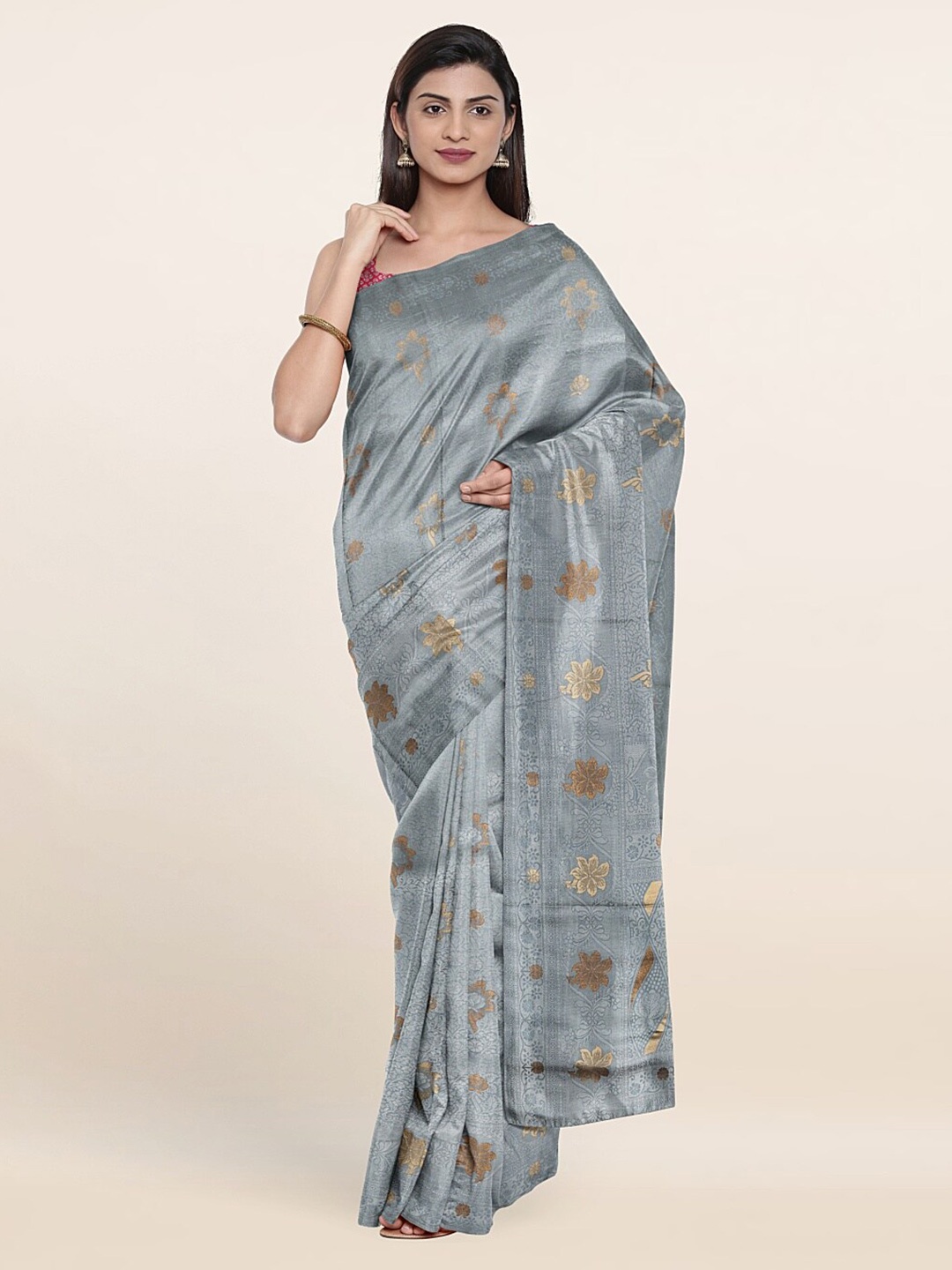 

Pothys Grey & Silver-Toned Floral Art Silk Banarasi Saree