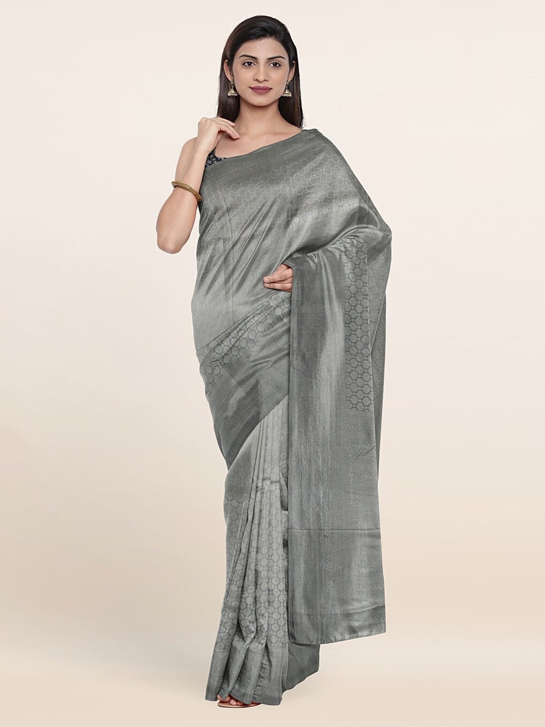 

Pothys Silver-Toned & Grey Ethnic Motifs Art Silk Banarasi Saree