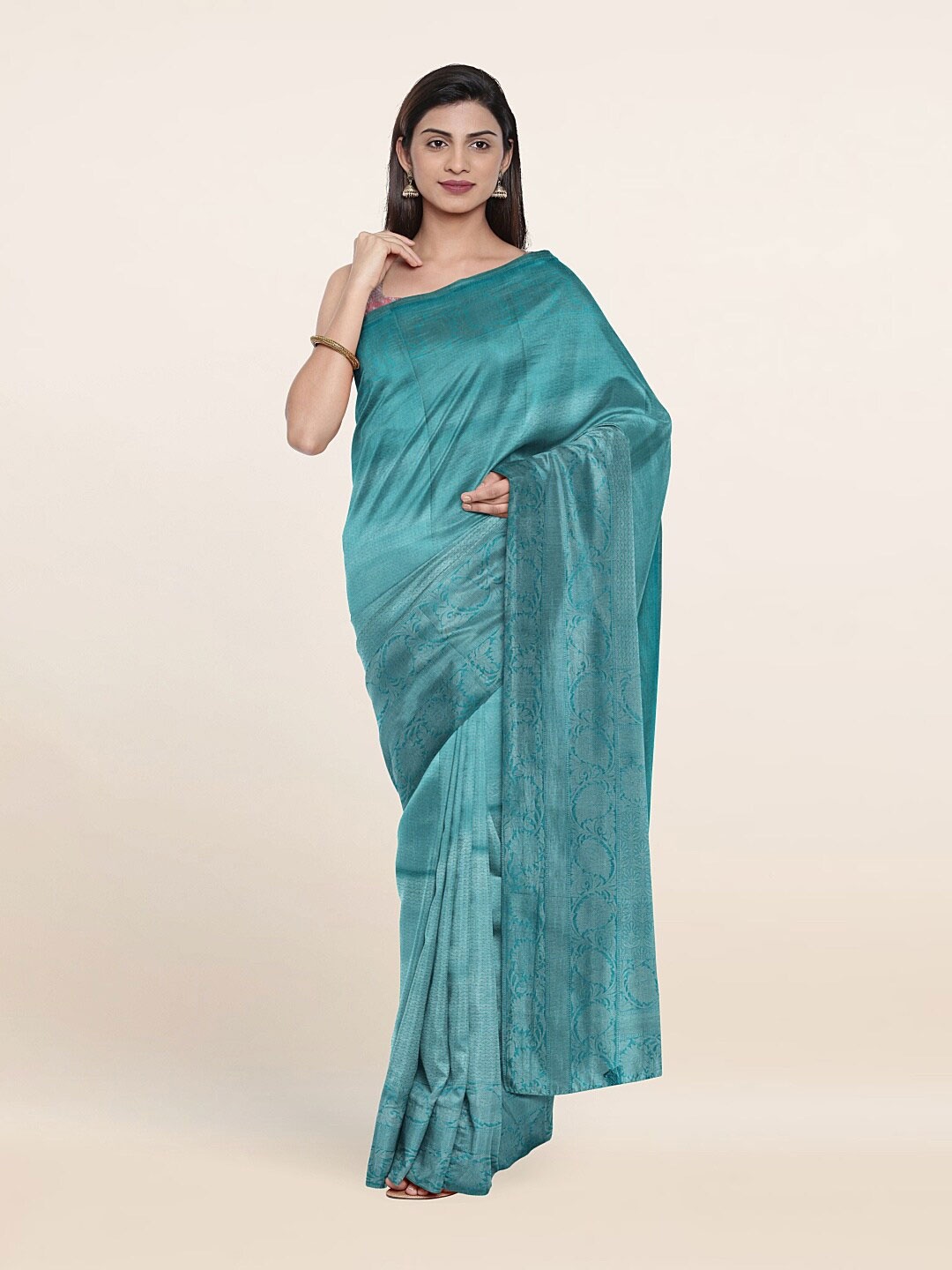 

Pothys Blue & Gold-Toned Ethnic Motifs Zari Art Silk Saree