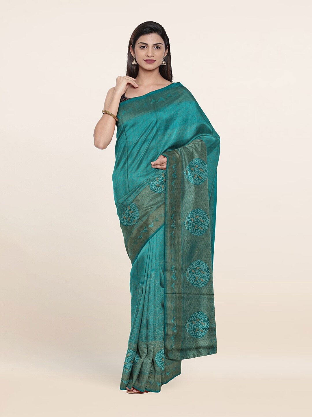

Pothys Blue & Gold-Toned Ethnic Motifs Art Silk Saree