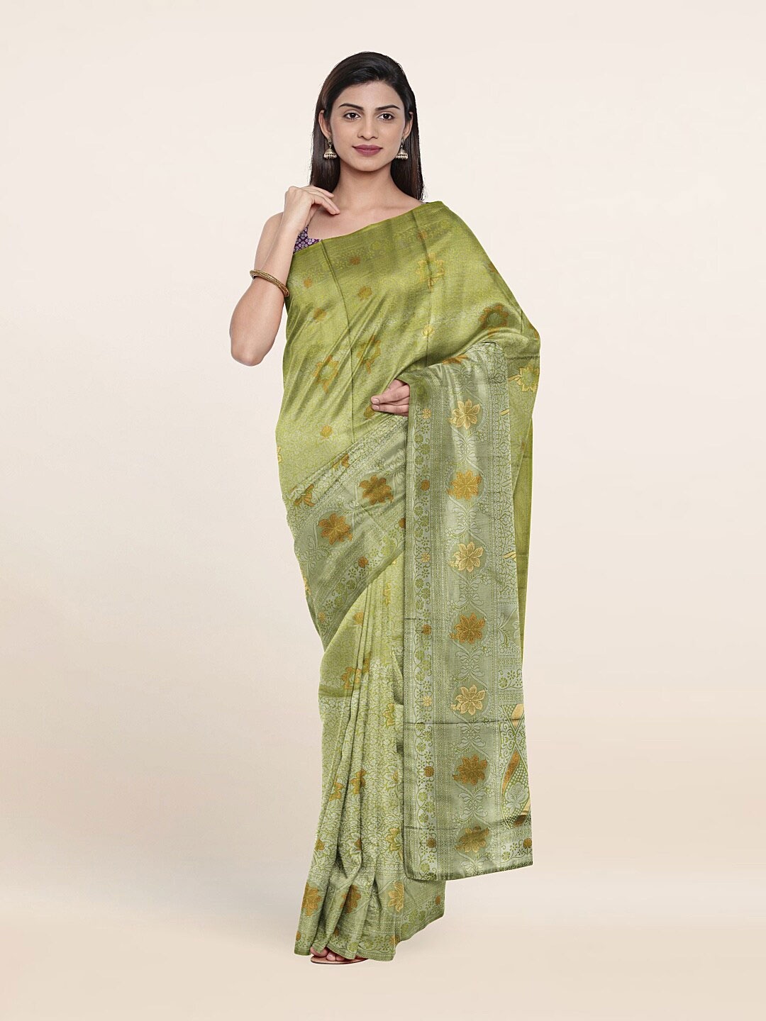 

Pothys Green & Gold-Toned Woven Design Art Silk Saree