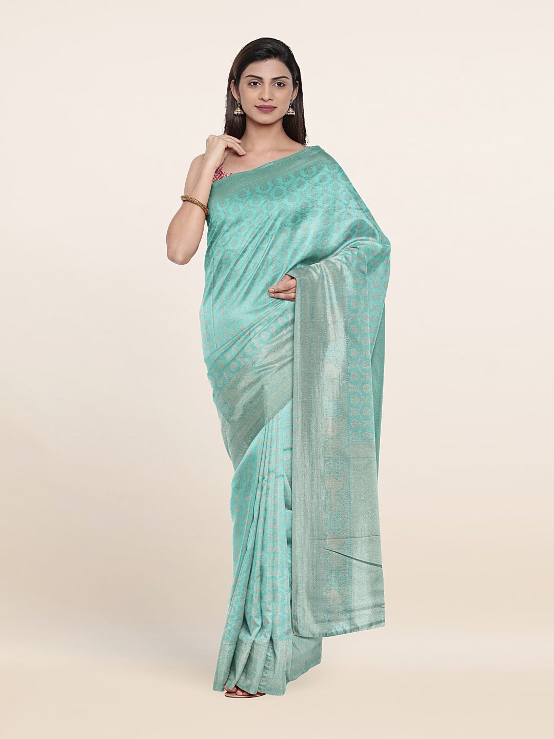 

Pothys Blue & Gold-Toned Ethnic Motifs Zari Art Silk Saree