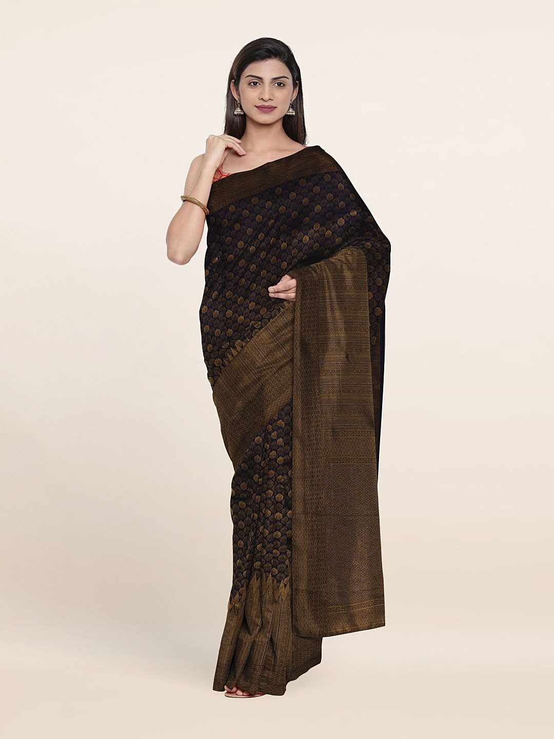 

Pothys Navy Blue & Gold-Toned Woven Design Art Silk Saree