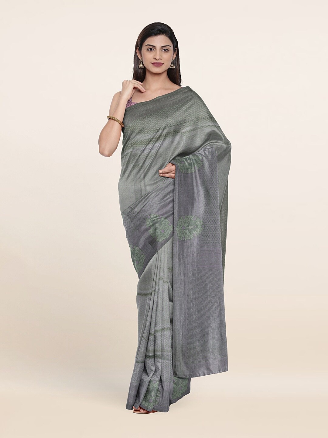 

Pothys Green & Silver-Toned Woven Design Art Silk Saree