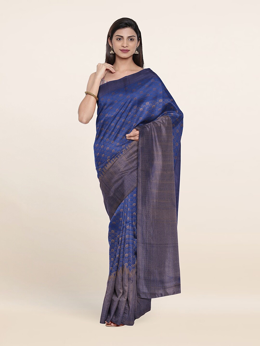 

Pothys Blue & Copper-Toned Ethnic Motifs Zari Art Silk Banarasi Saree