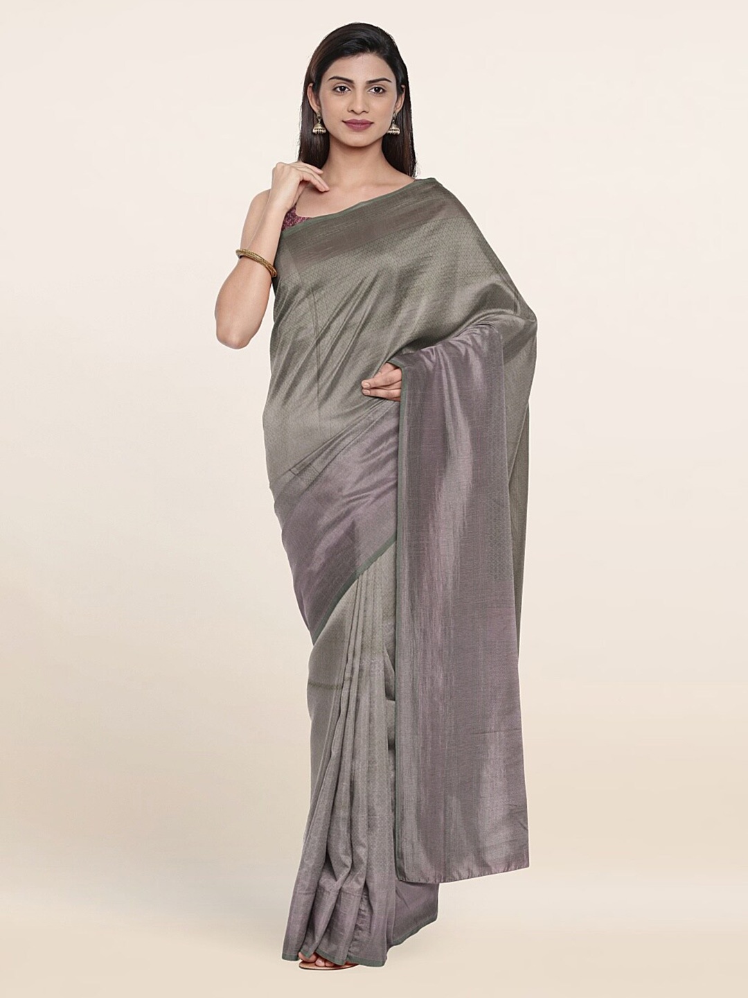 

Pothys Silver-Toned & Copper-Toned Woven Design Art Silk Saree