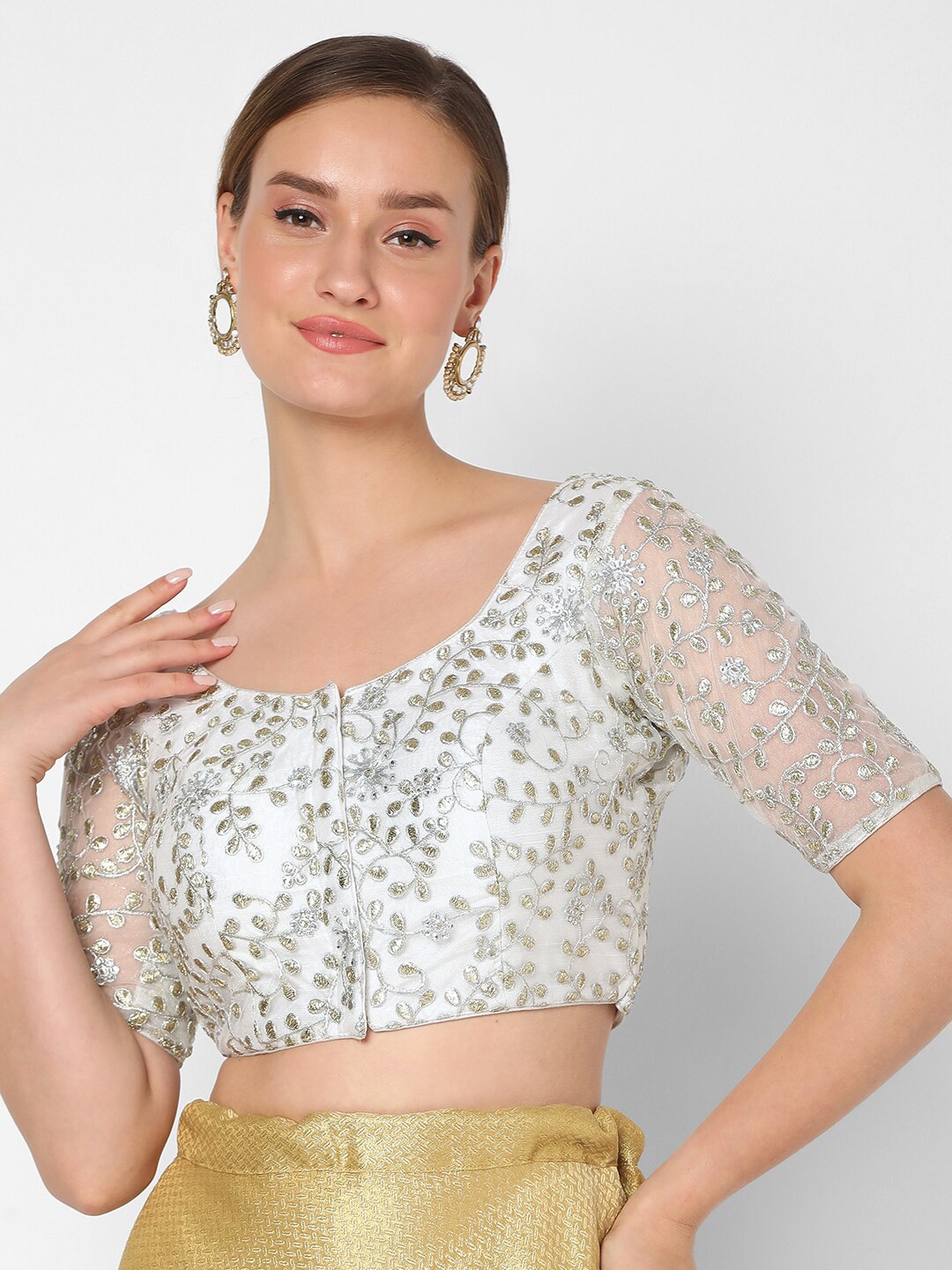 

SALWAR STUDIO Women White & Silver Embroidered Saree Blouse