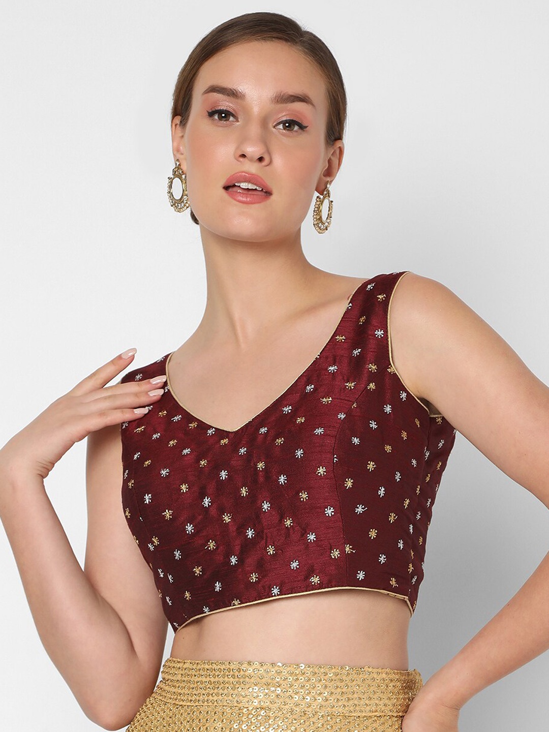 

SALWAR STUDIO Maroon Silk Embroidered Saree Blouse