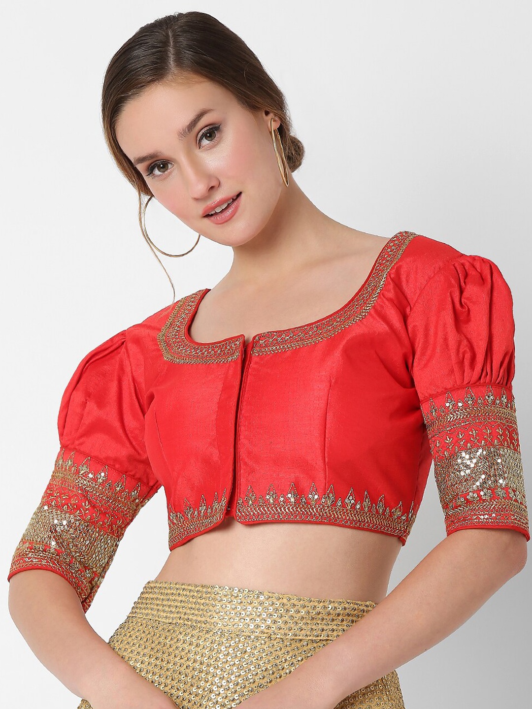 

SALWAR STUDIO Red & Gold-Coloured Embroidered Silk Saree Blouse