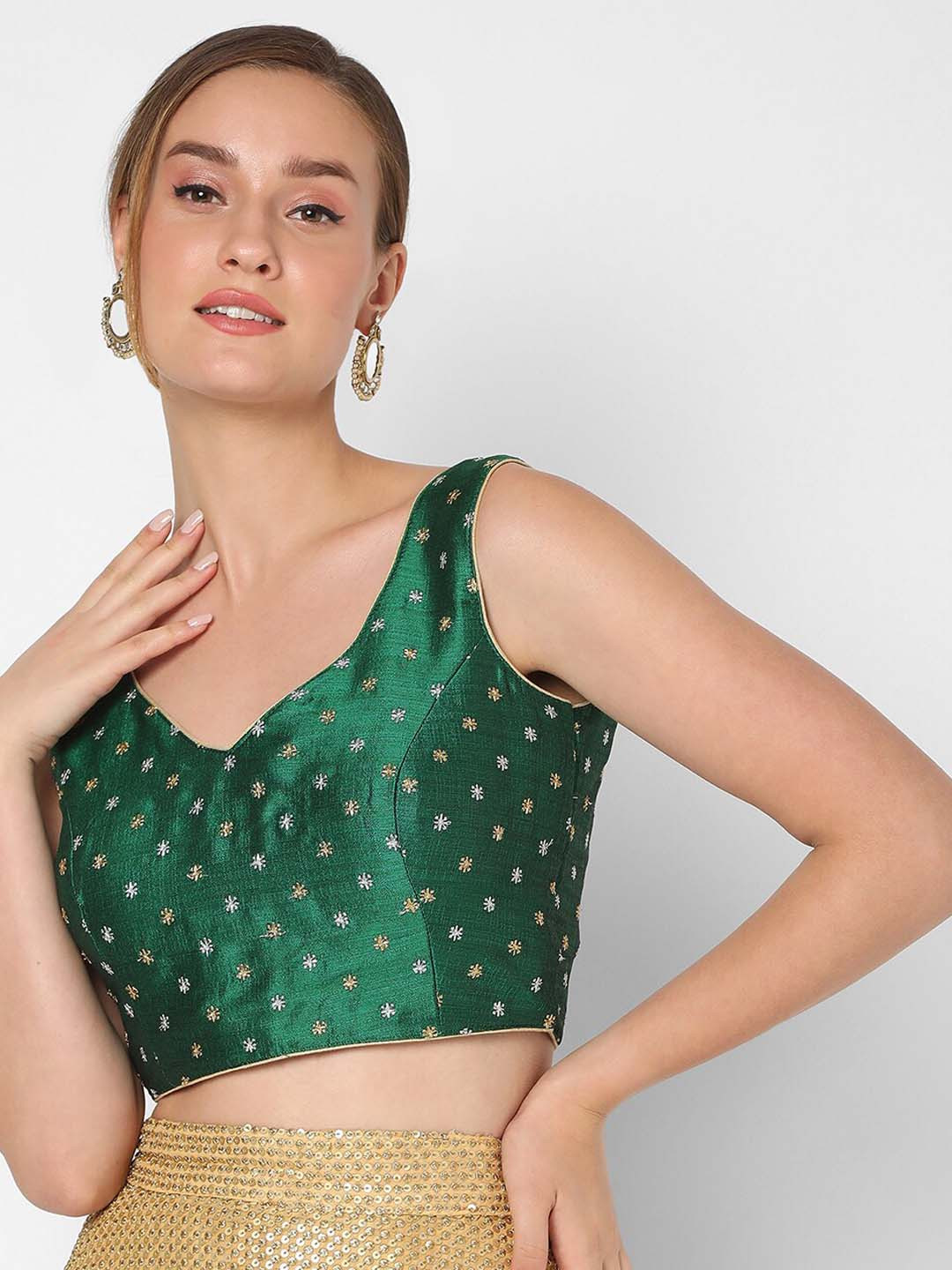 

SALWAR STUDIO Women Green Embroidered Silk Saree Blouse