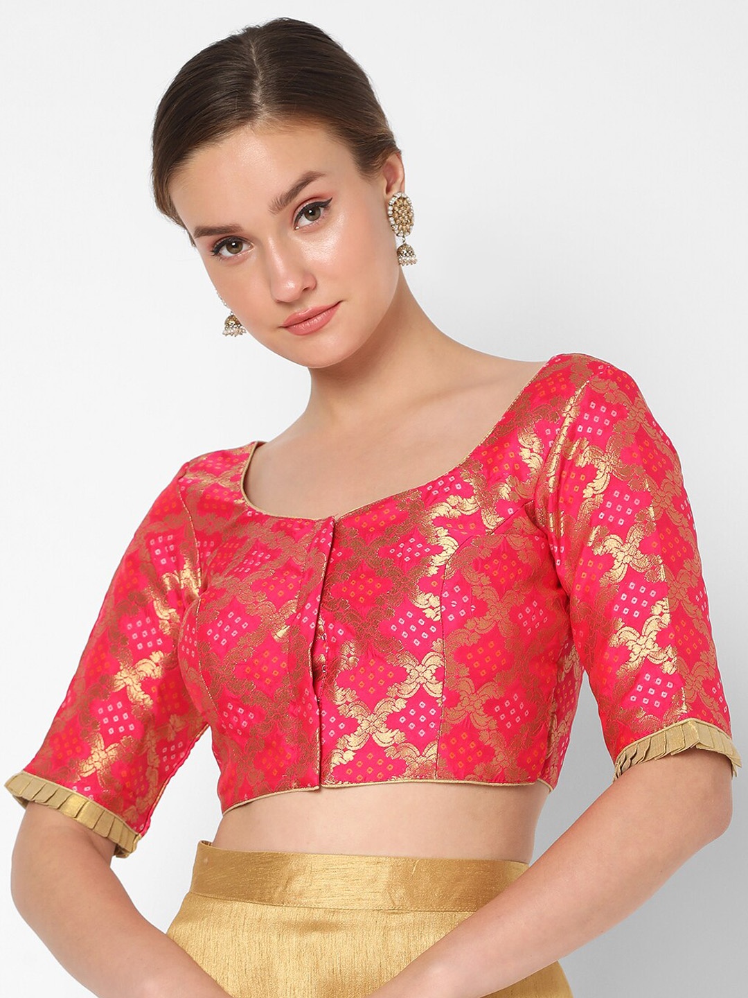 

SALWAR STUDIO Women Pink & Gold Printed Jacquard Saree Blouse