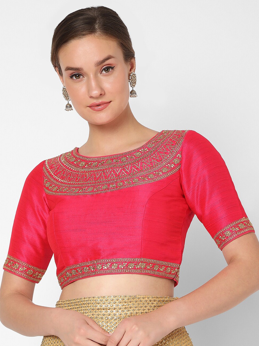 

SALWAR STUDIO Women Pink & Gold-Coloured Embroidered Readymade Saree Blouse