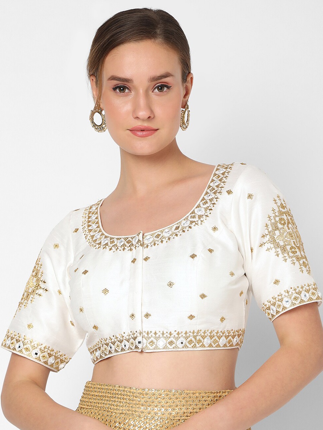 

SALWAR STUDIO Women White Embroidered Silk Saree Blouse