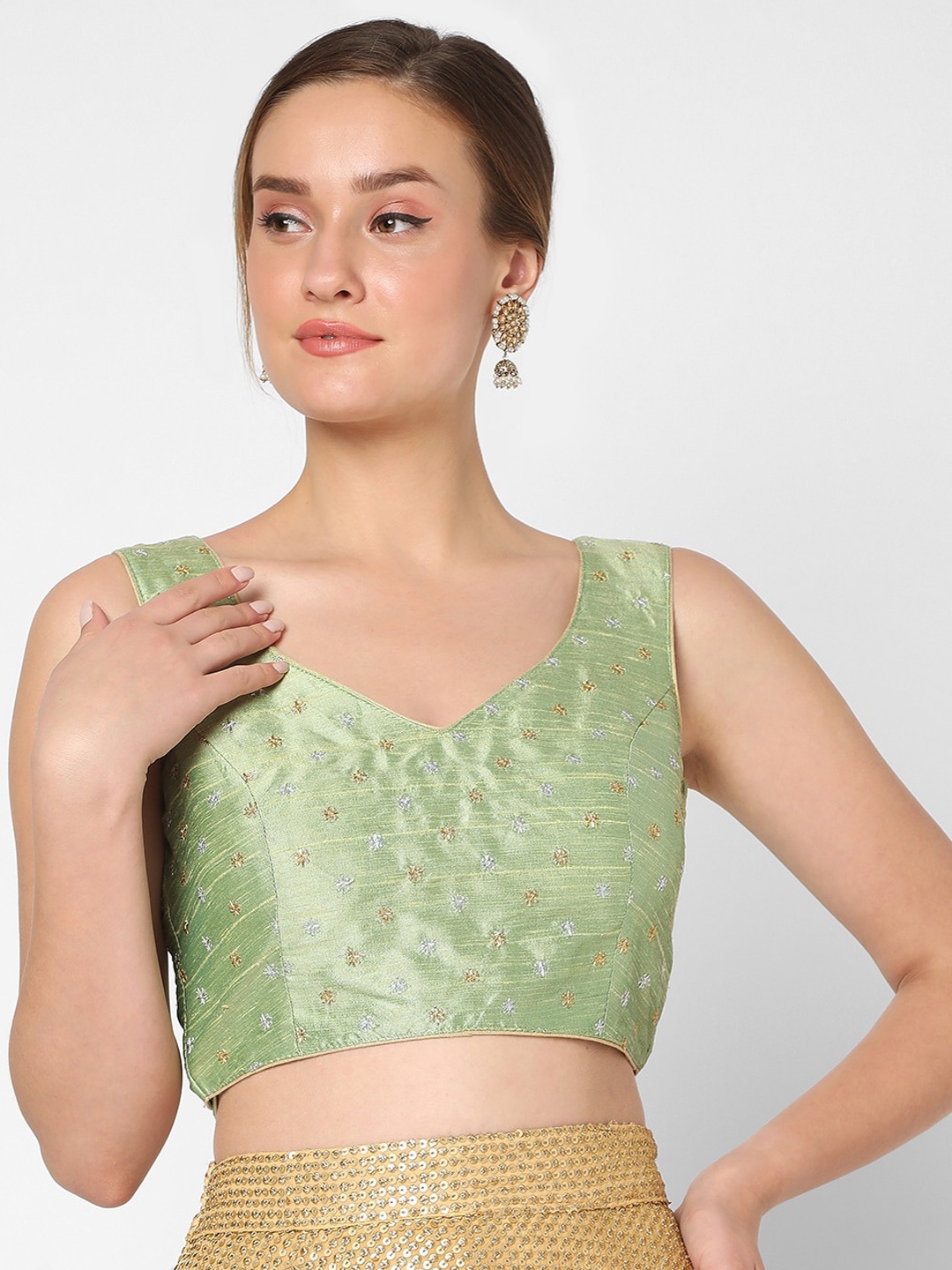 

SALWAR STUDIO Women Pista Green Embroidered Saree Blouse