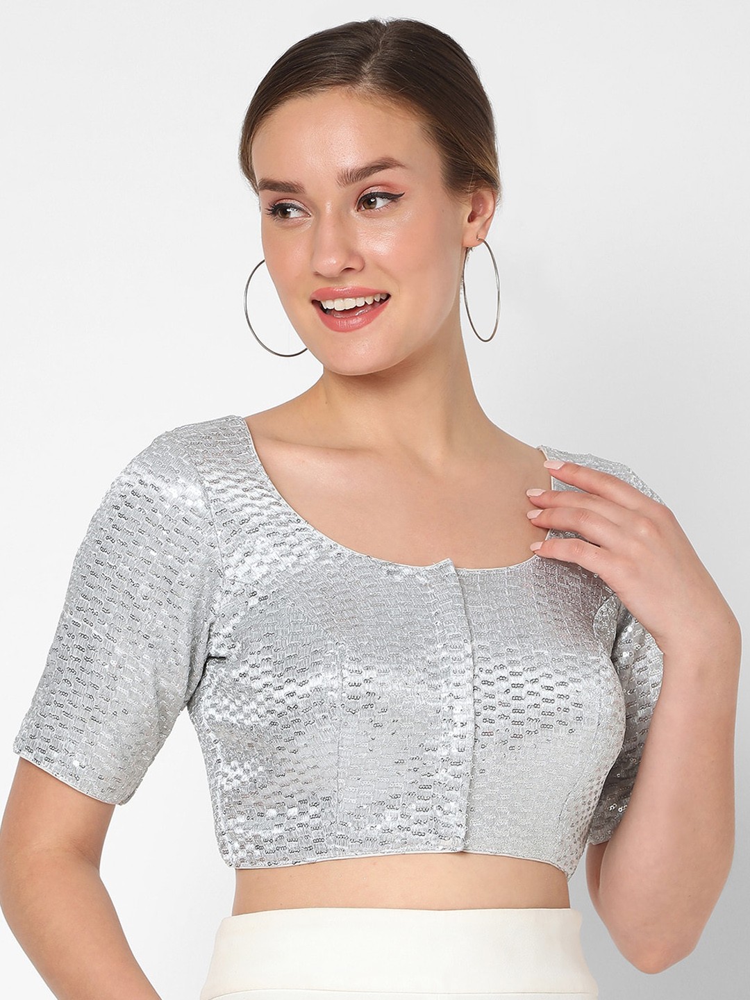 

SALWAR STUDIO Women Silver-Colored Printed Saree Blouse