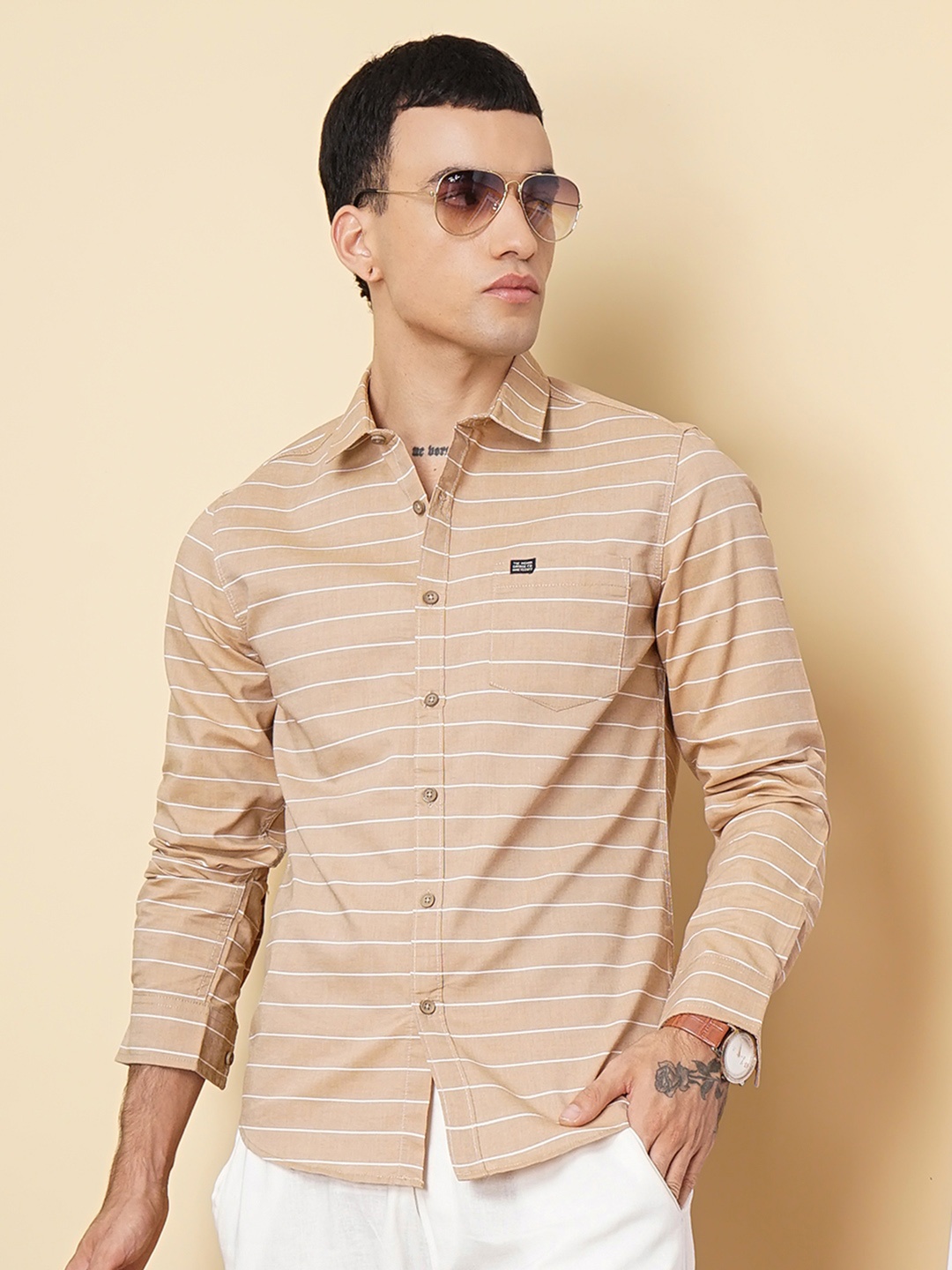 

The Indian Garage Co Men Khaki Slim Fit Striped Pure Cotton Casual Shirt