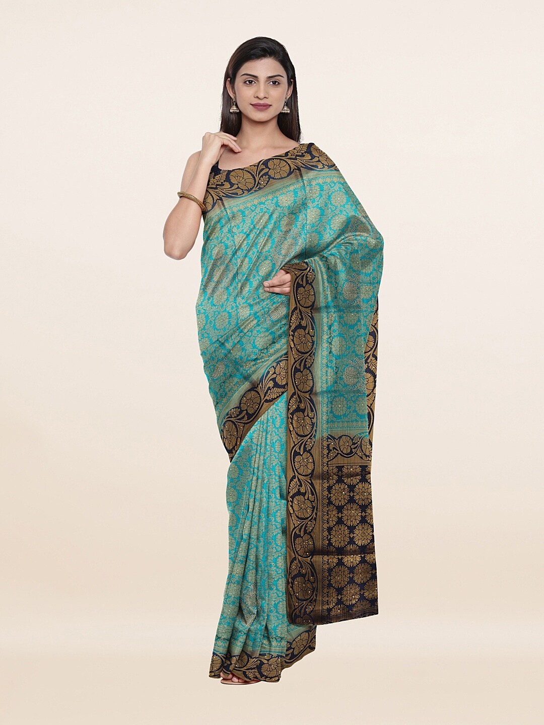 

Pothys Blue & Gold-Toned Floral Zari Art Silk Saree
