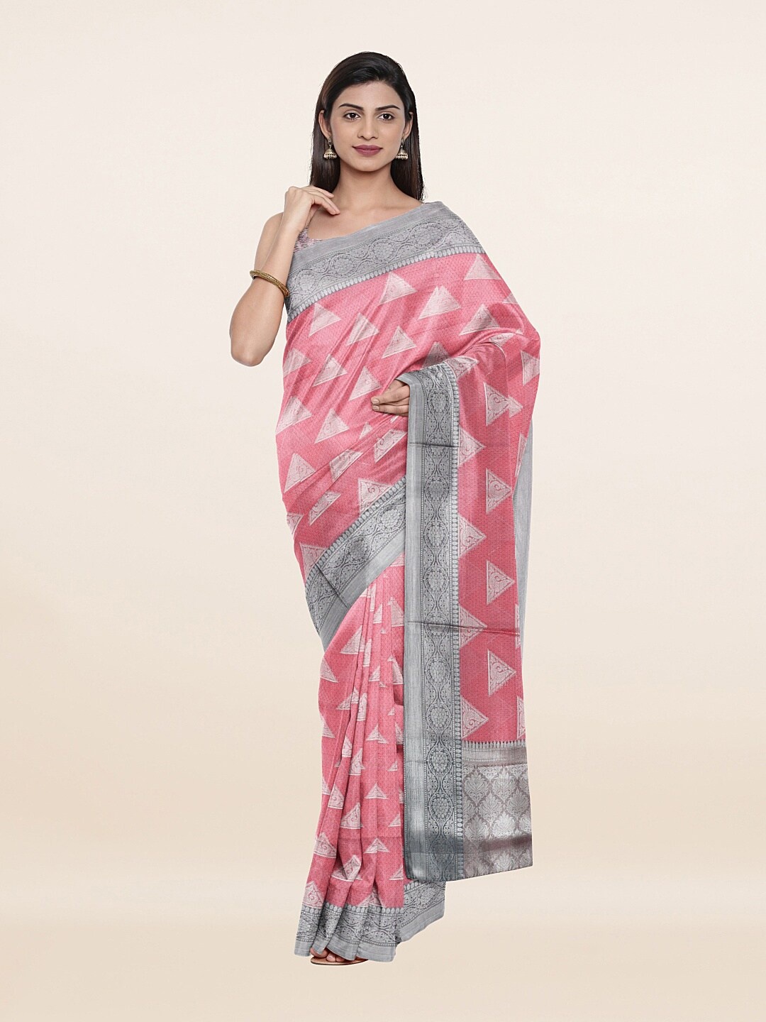 

Pothys Pink & Silver-Toned Woven Design Art Silk Saree
