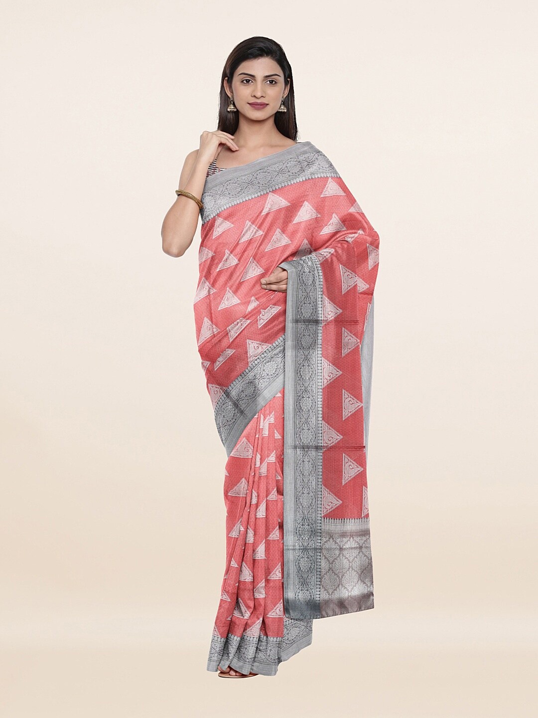 

Pothys Coral Pink & Silver Ethnic Motifs Zari Art Silk Saree