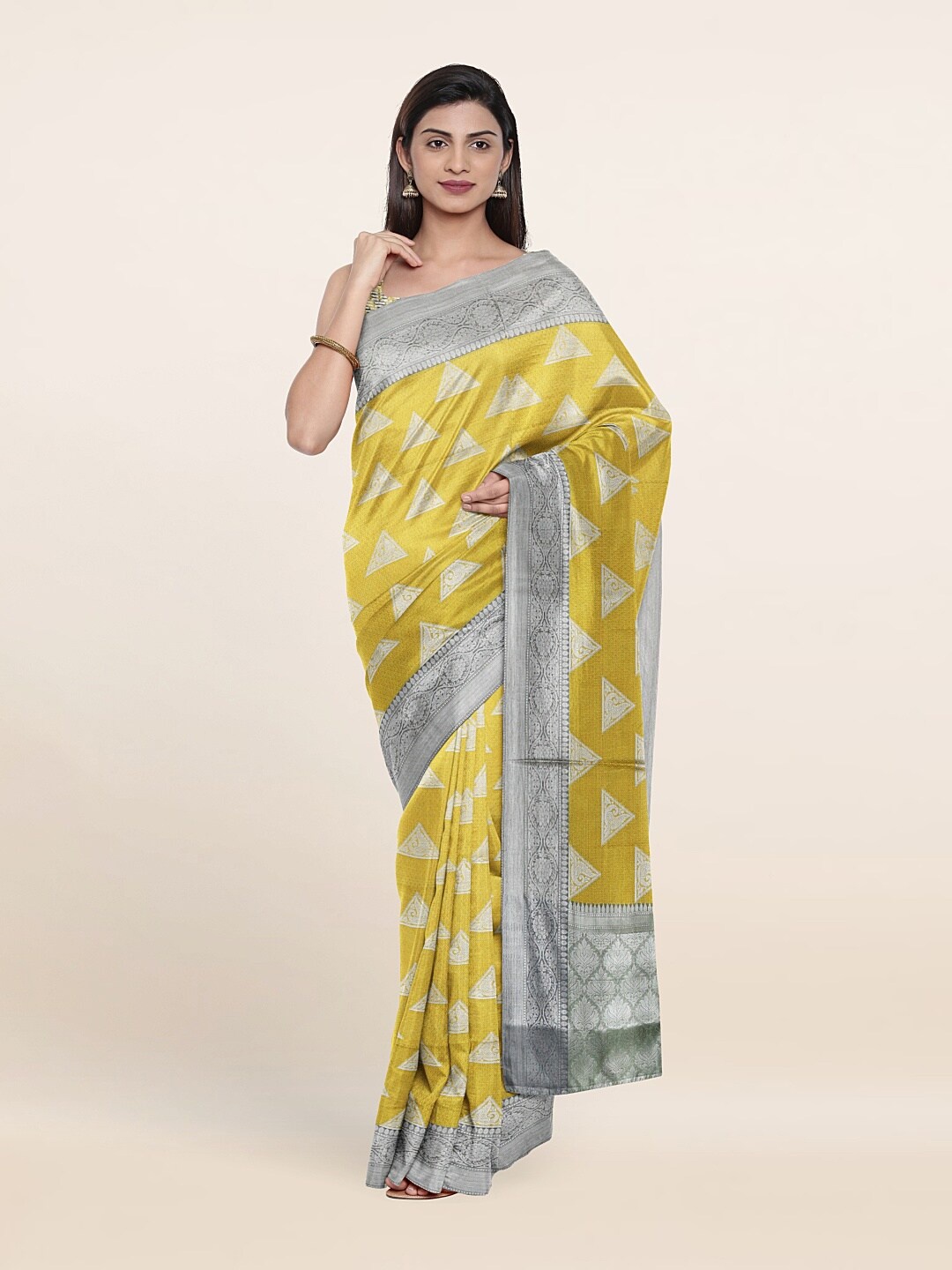 

Pothys Yellow & Silver-Toned Zari Art Silk Saree