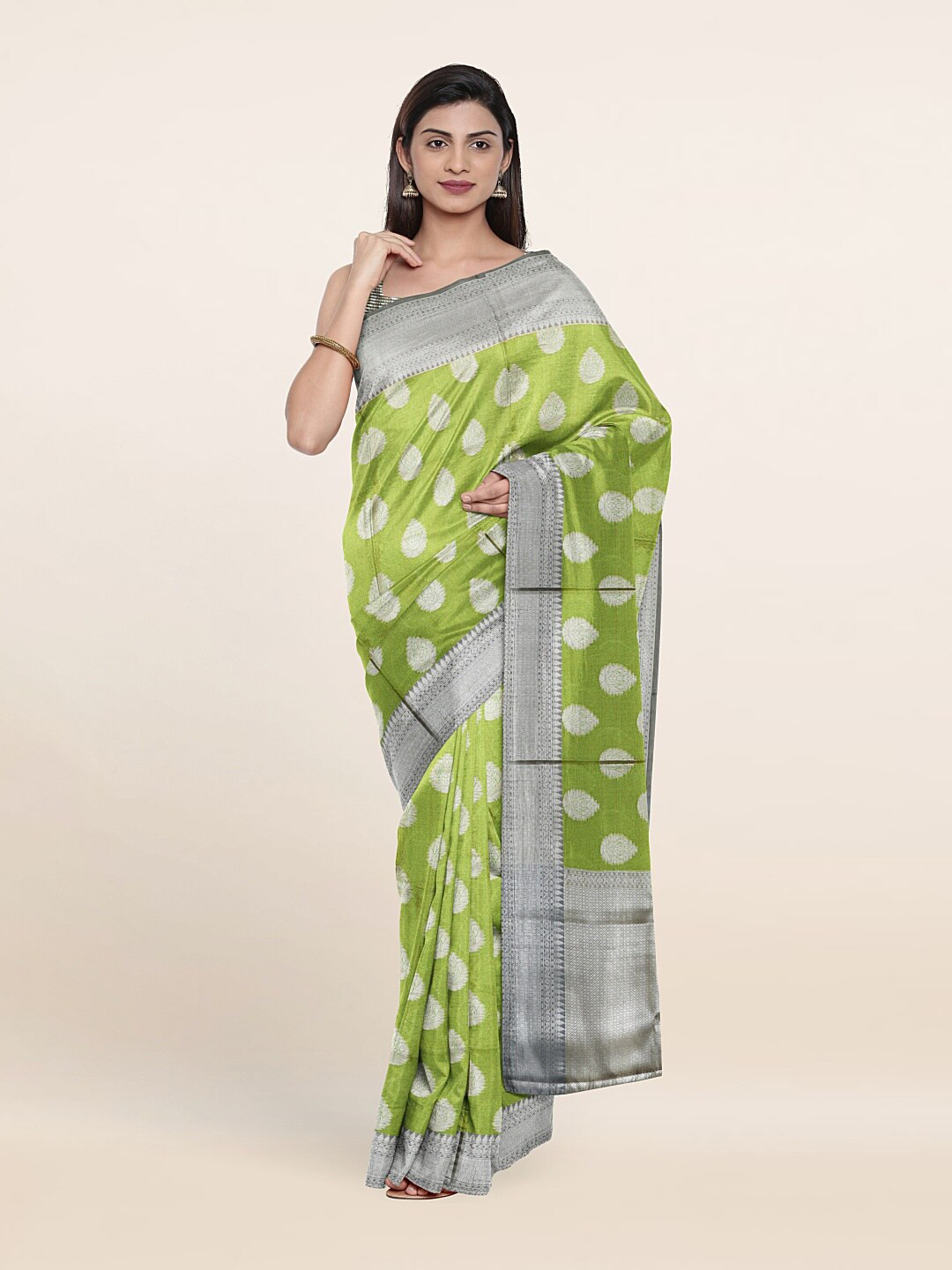 

Pothys Green & Silver-Toned Woven Design Art Silk Saree