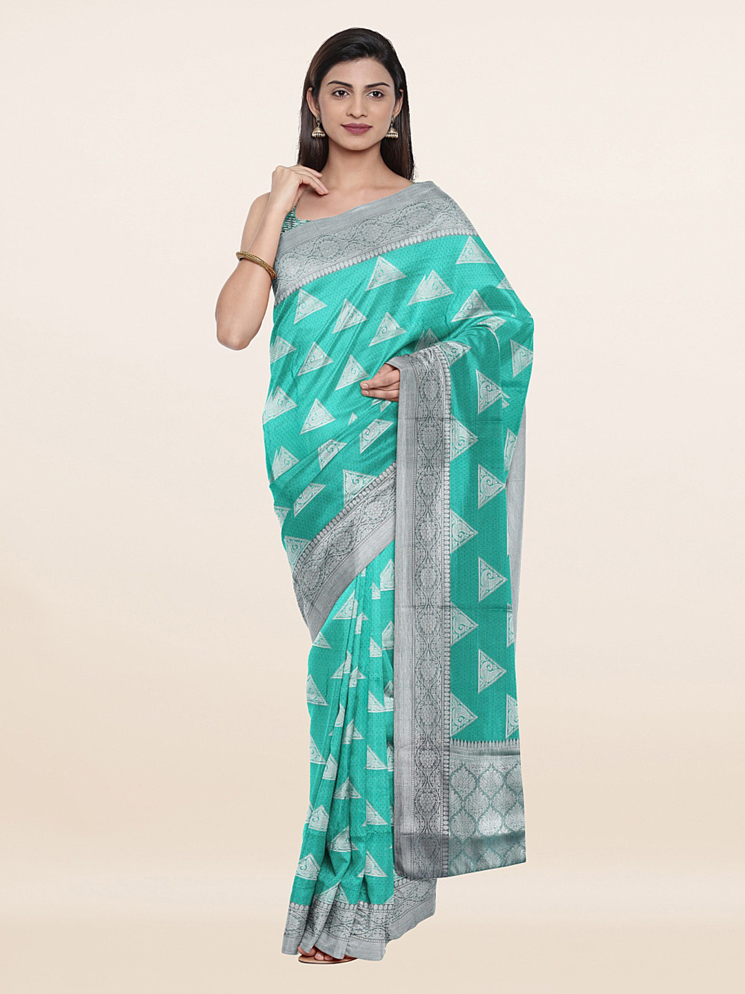 

Pothys Green & Silver-Toned Art Silk Saree