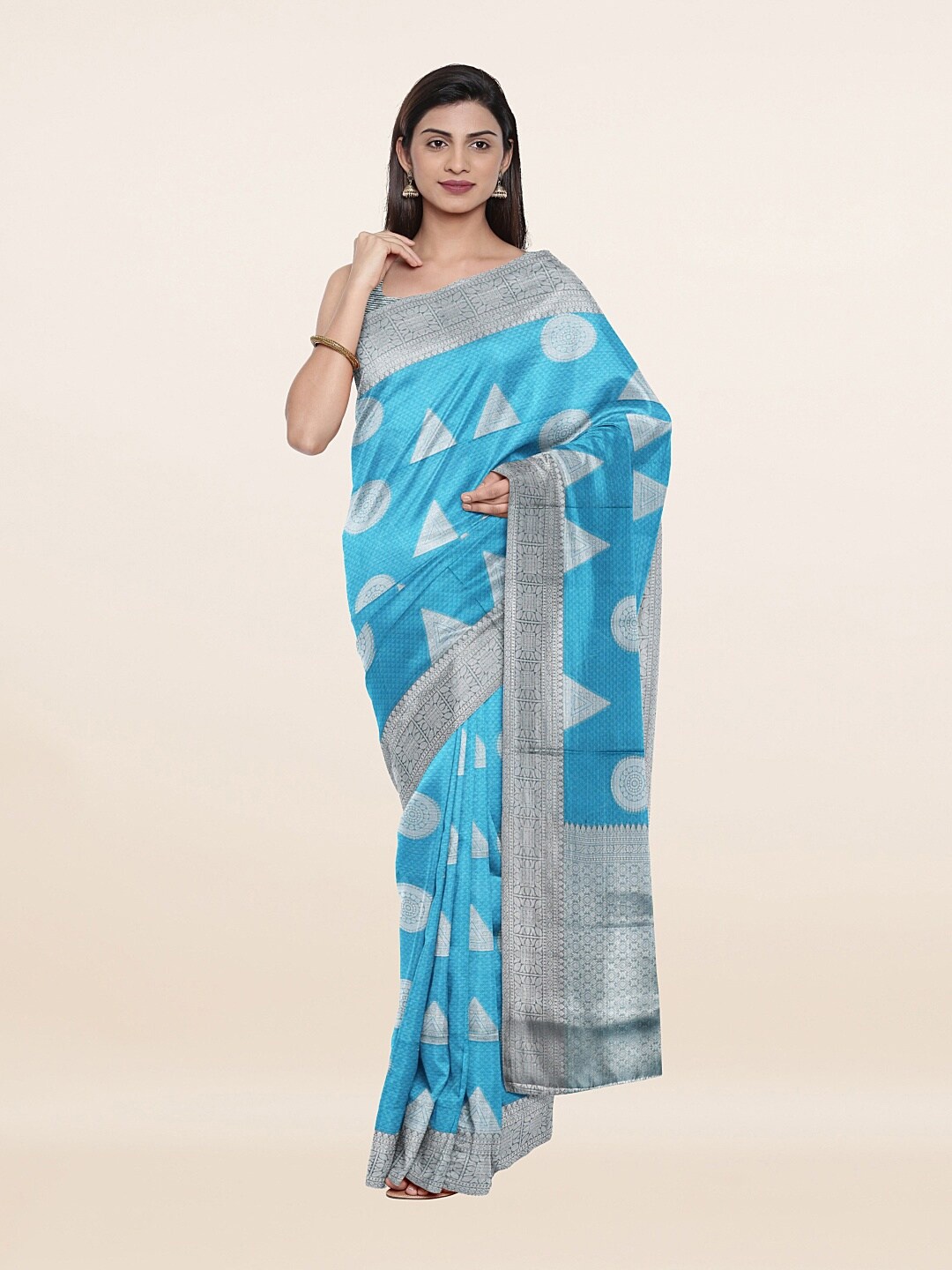 

Pothys Blue & Silver-Toned Ethnic Motifs Zari Art Silk Saree