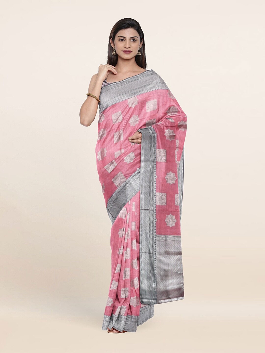 

Pothys Pink & Silver-Toned Woven Design Art Silk Saree