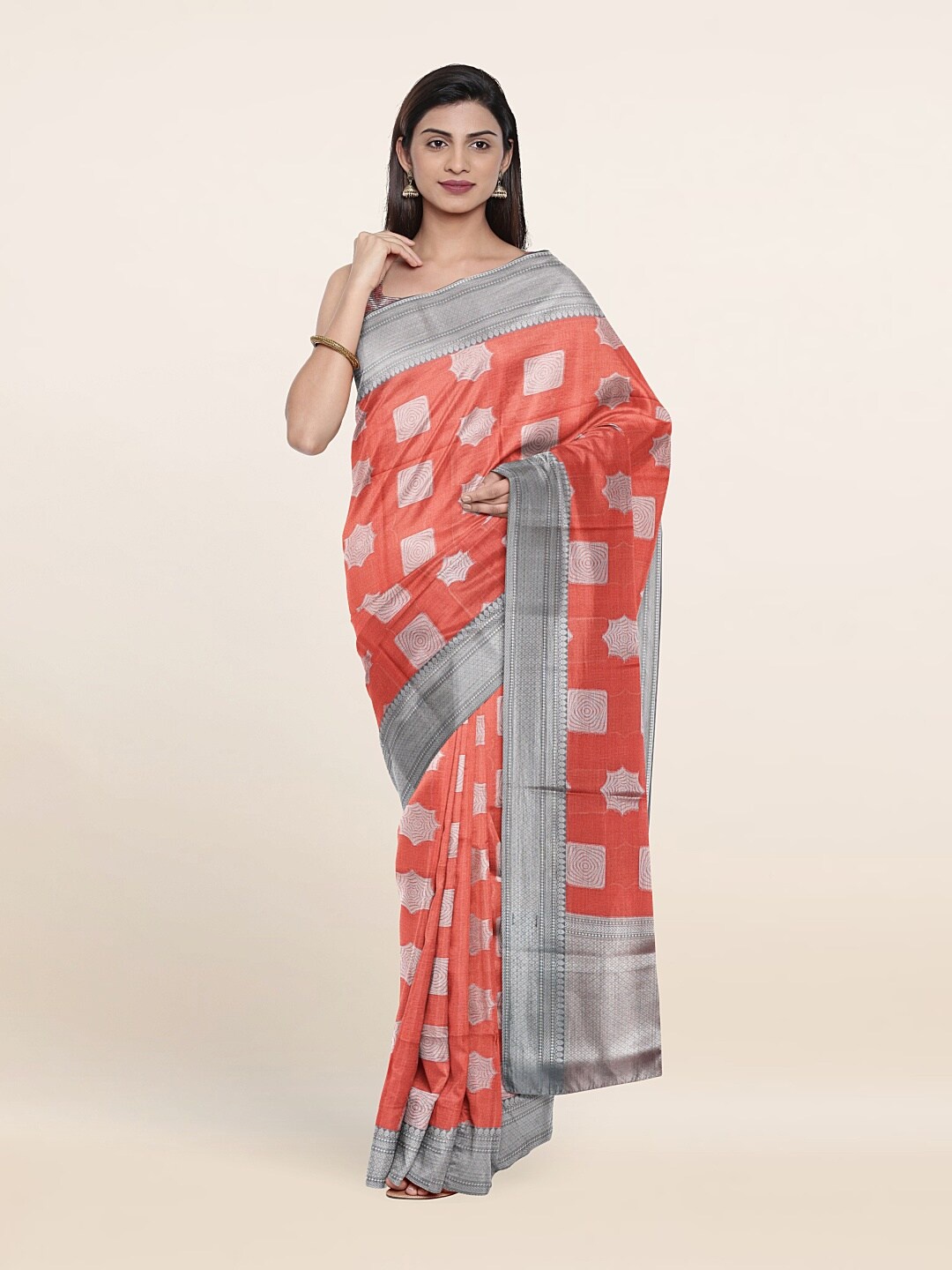 

Pothys Peach-Coloured & Silver-Toned Woven Design Art Silk Saree