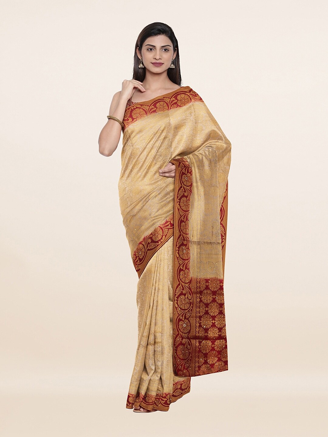 

Pothys Cream-Coloured & Red Floral Zari Art Silk Saree