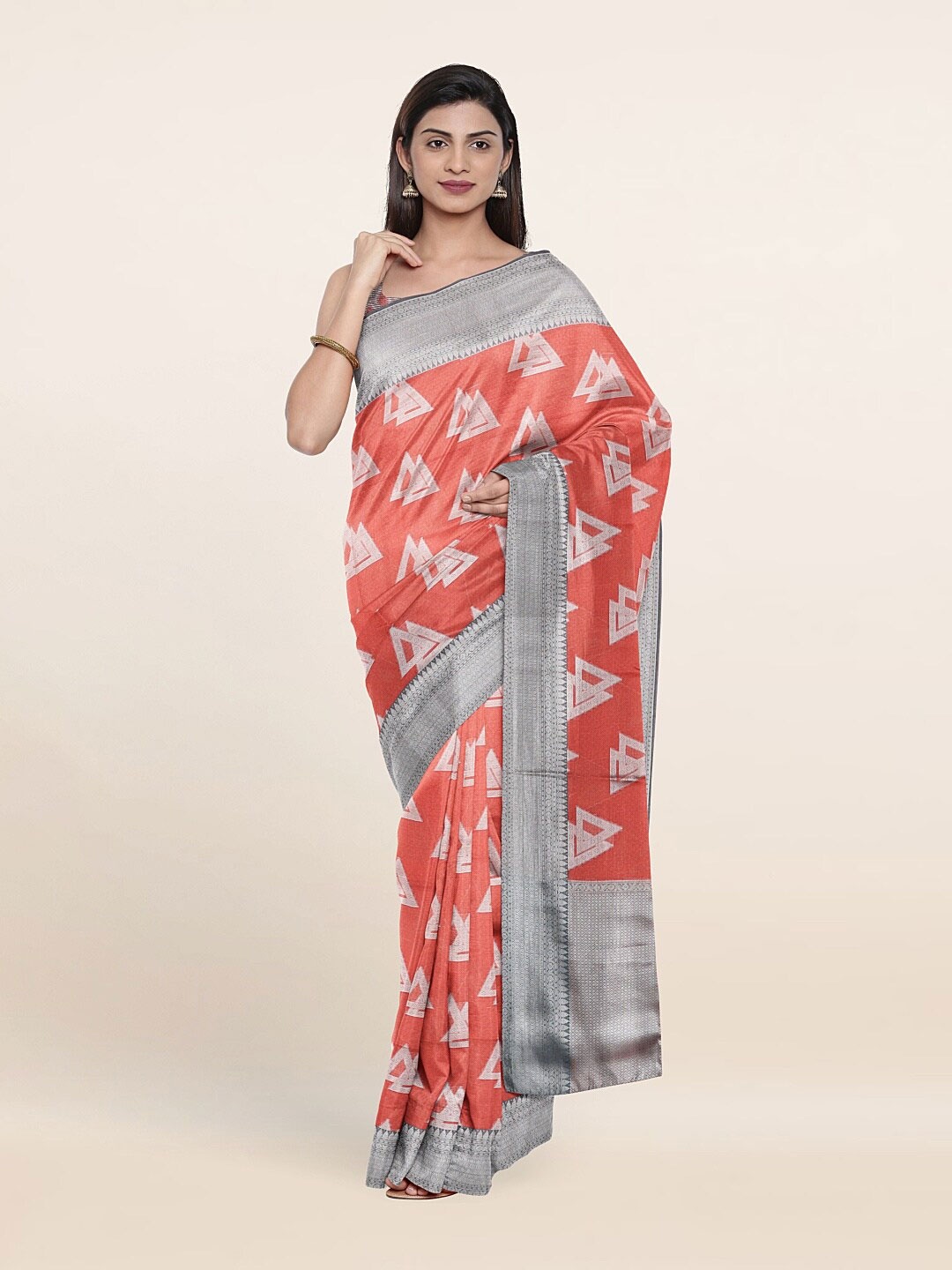 

Pothys Peach-Coloured & Silver-Toned Woven Design Zari Art Silk Saree