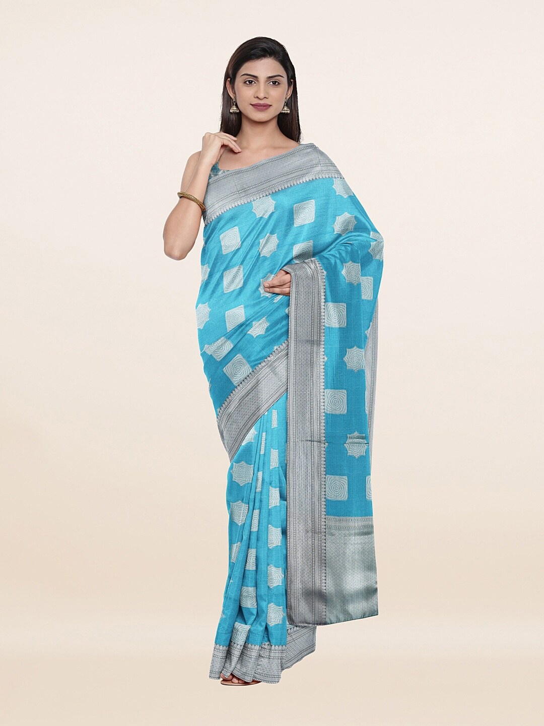 

Pothys Blue & Silver-Toned Art Silk Saree