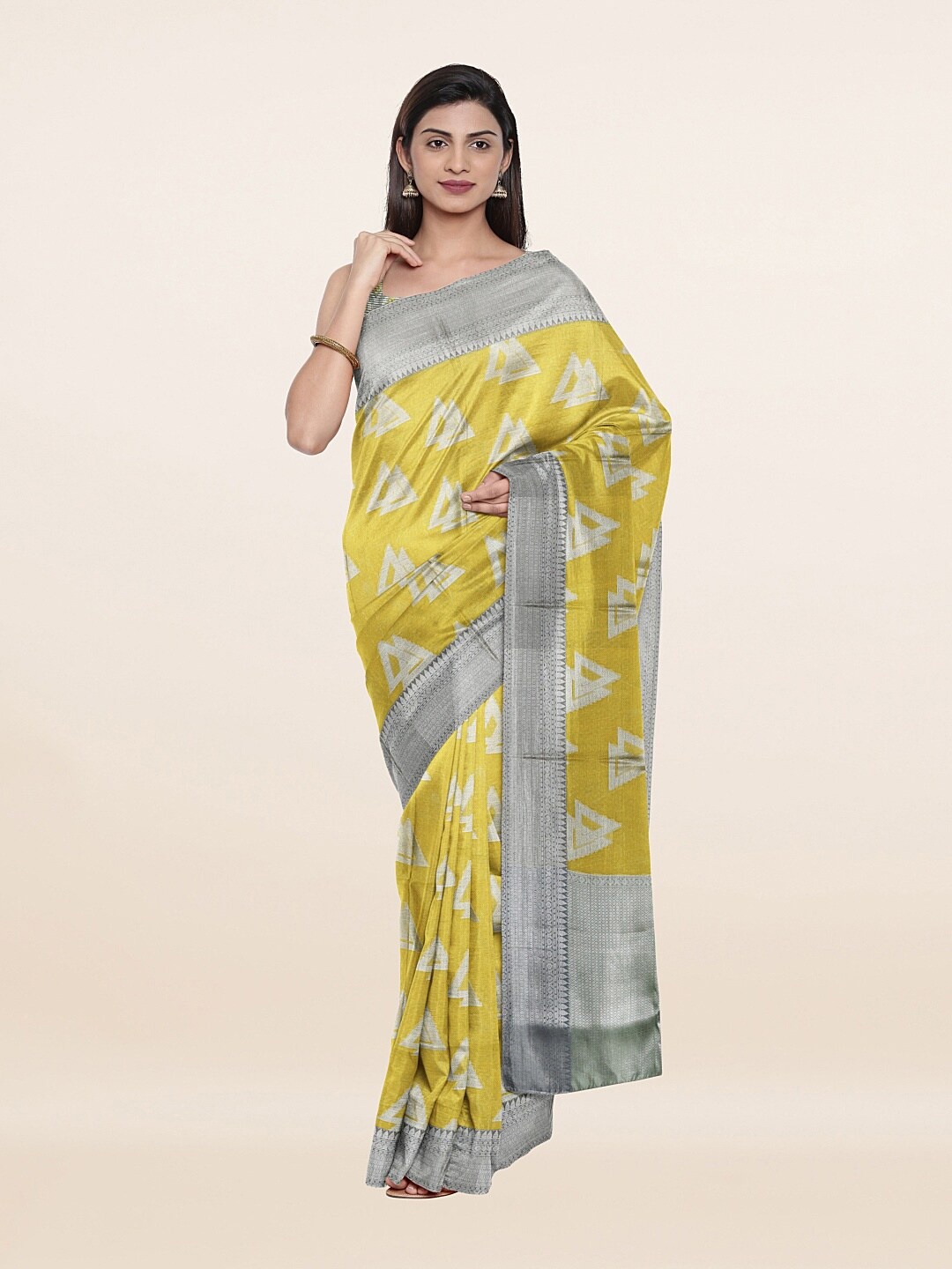 

Pothys Yellow & Silver-Toned Woven Design Art Silk Saree