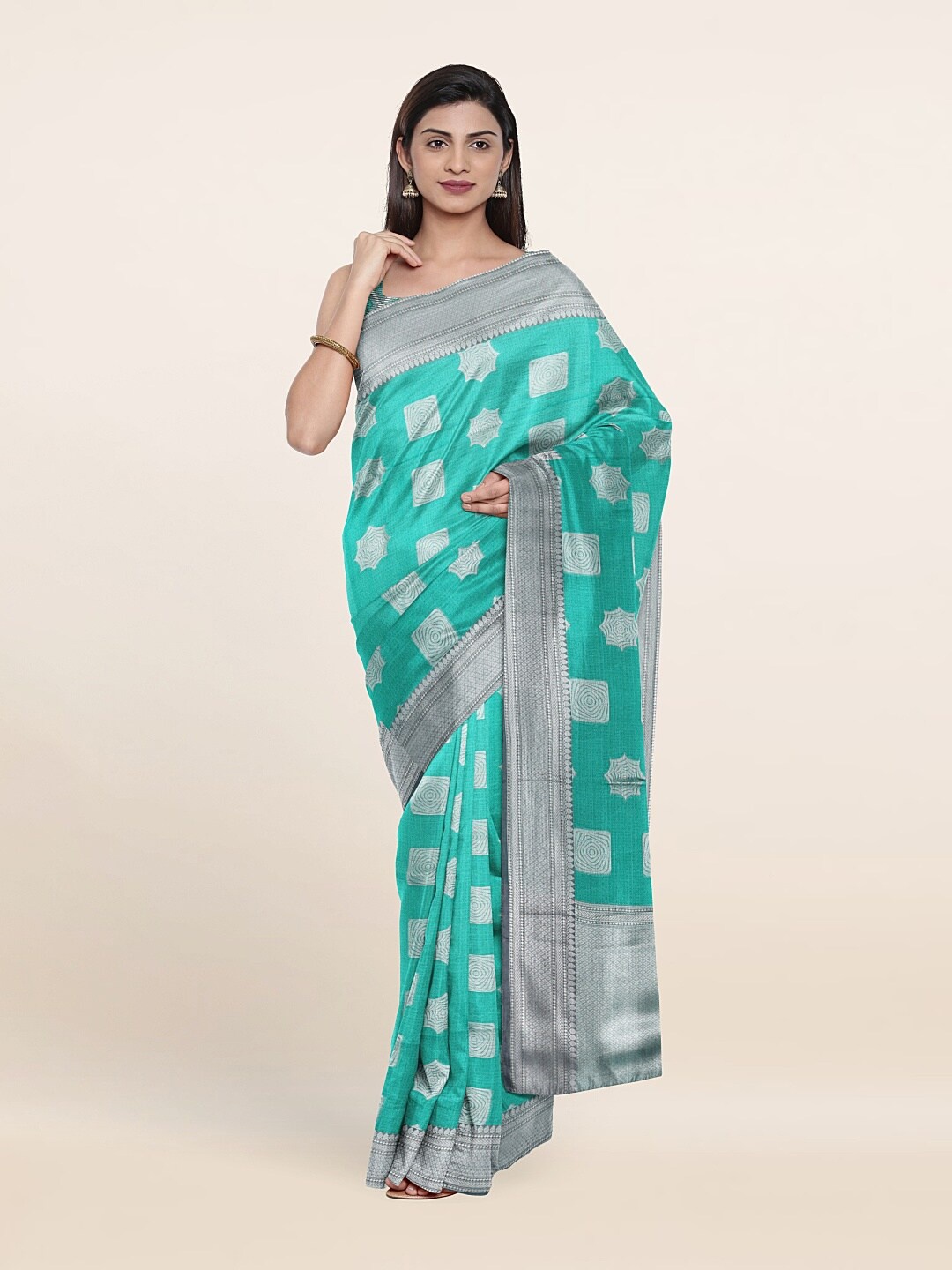 

Pothys Green & Silver-Toned Art Silk Saree