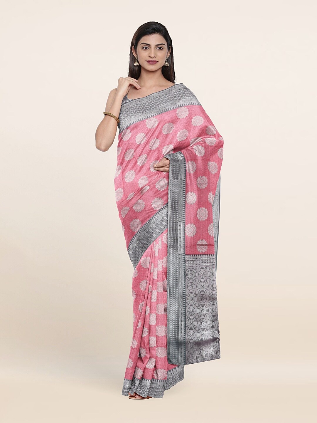 

Pothys Pink & Silver Ethnic Motifs Zari Art Silk Saree