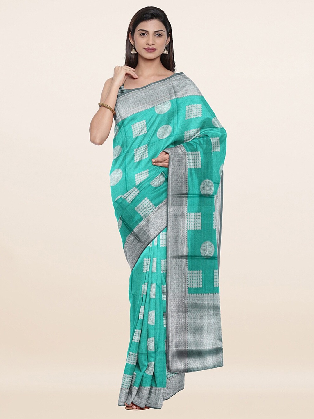 

Pothys Green & Silver-Toned Woven Design Art Silk Saree