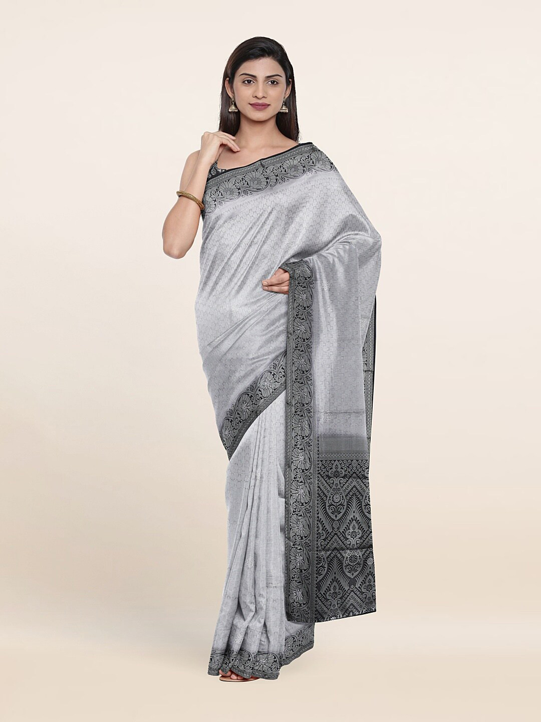 

Pothys Silver-Toned & Black Floral Zari Art Silk Saree