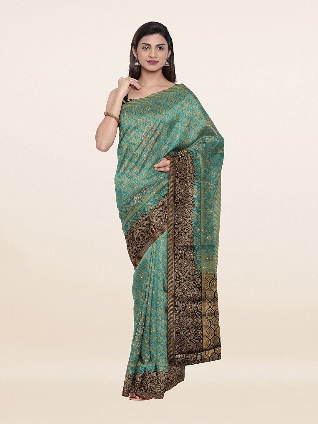 

Pothys Green & Gold-Toned Ethnic Motifs Art Silk Saree