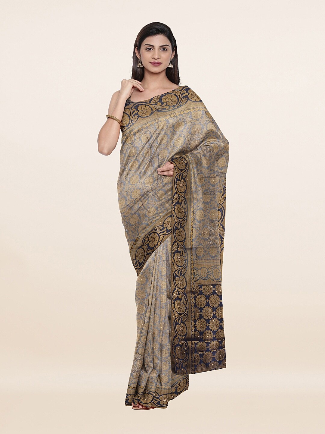 

Pothys Grey & Gold-Toned Ethnic Motifs Art Silk Saree