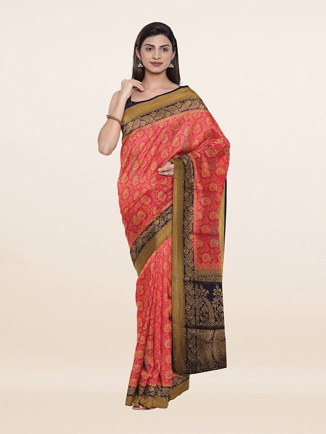 

Pothys Pink & Gold-Toned Ethnic Motifs Art Silk Saree