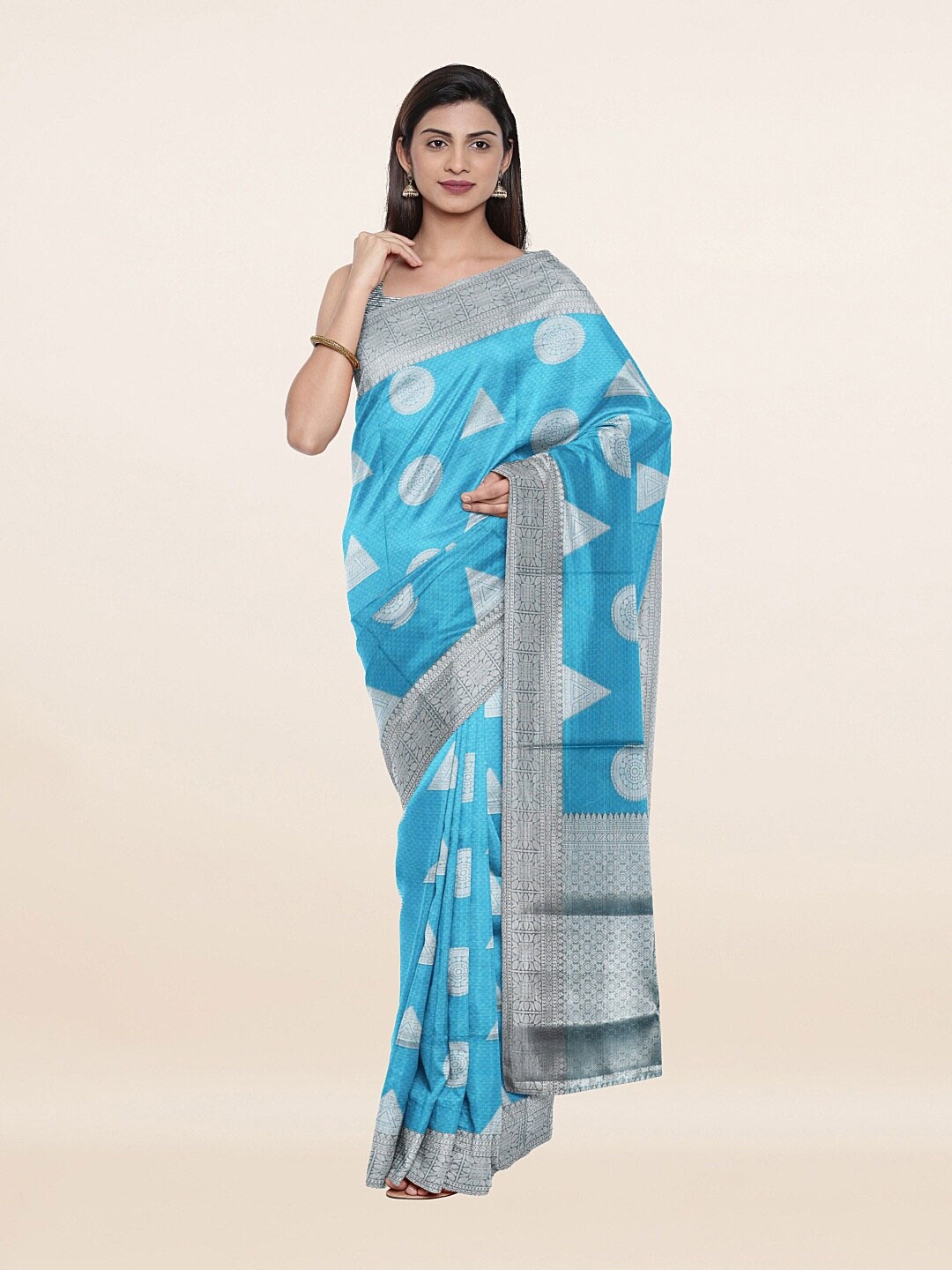 

Pothys Blue & Silver-Toned Floral Zari Art Silk Saree