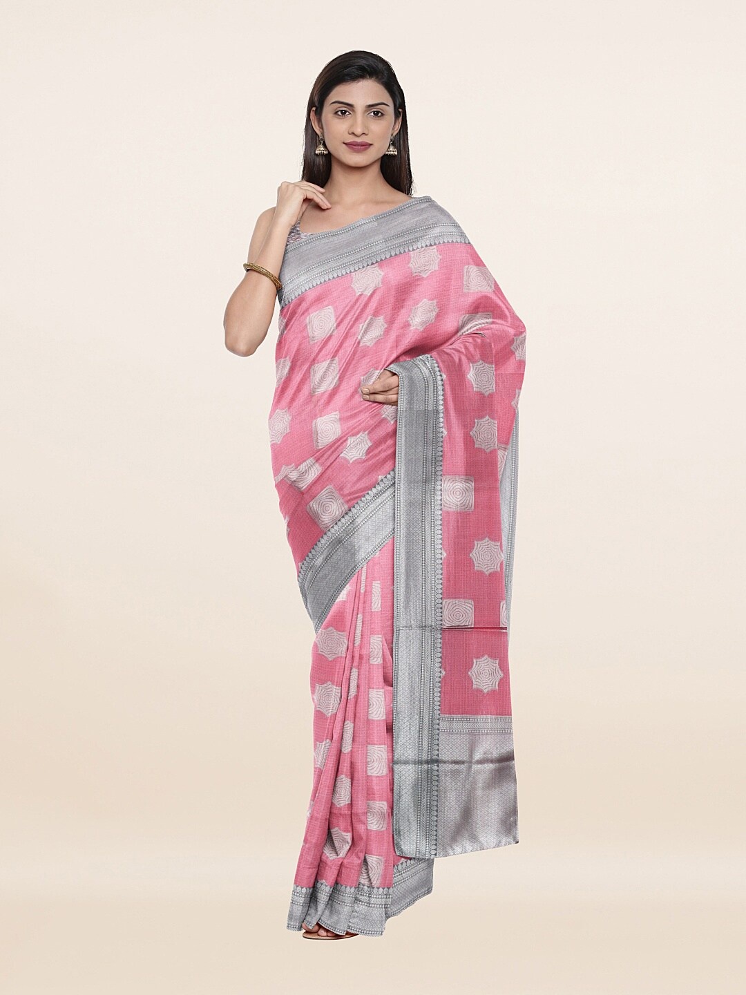 

Pothys Pink & Silver-Toned Ethnic Motifs Art Silk Saree