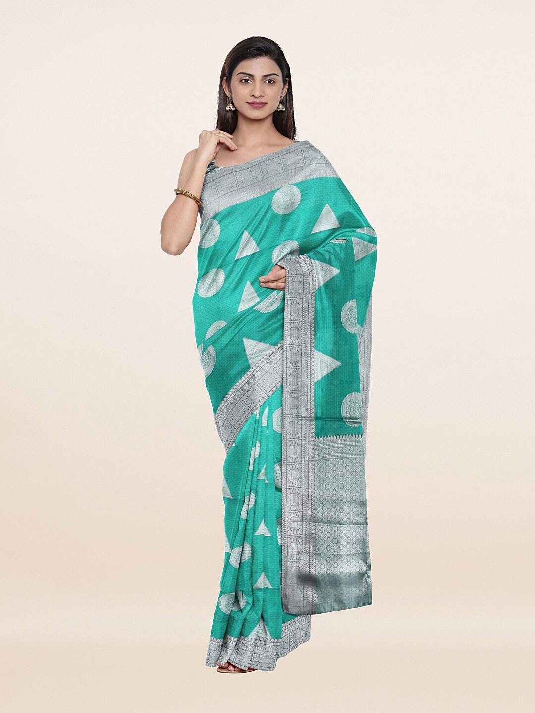 

Pothys Green & Silver-Toned Art Silk Saree