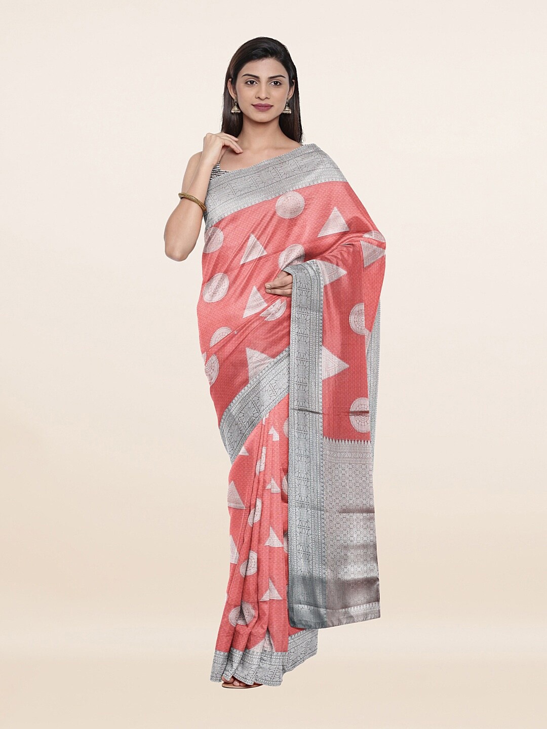 

Pothys Peach-Coloured & Silver-Toned Woven Design Art Silk Saree