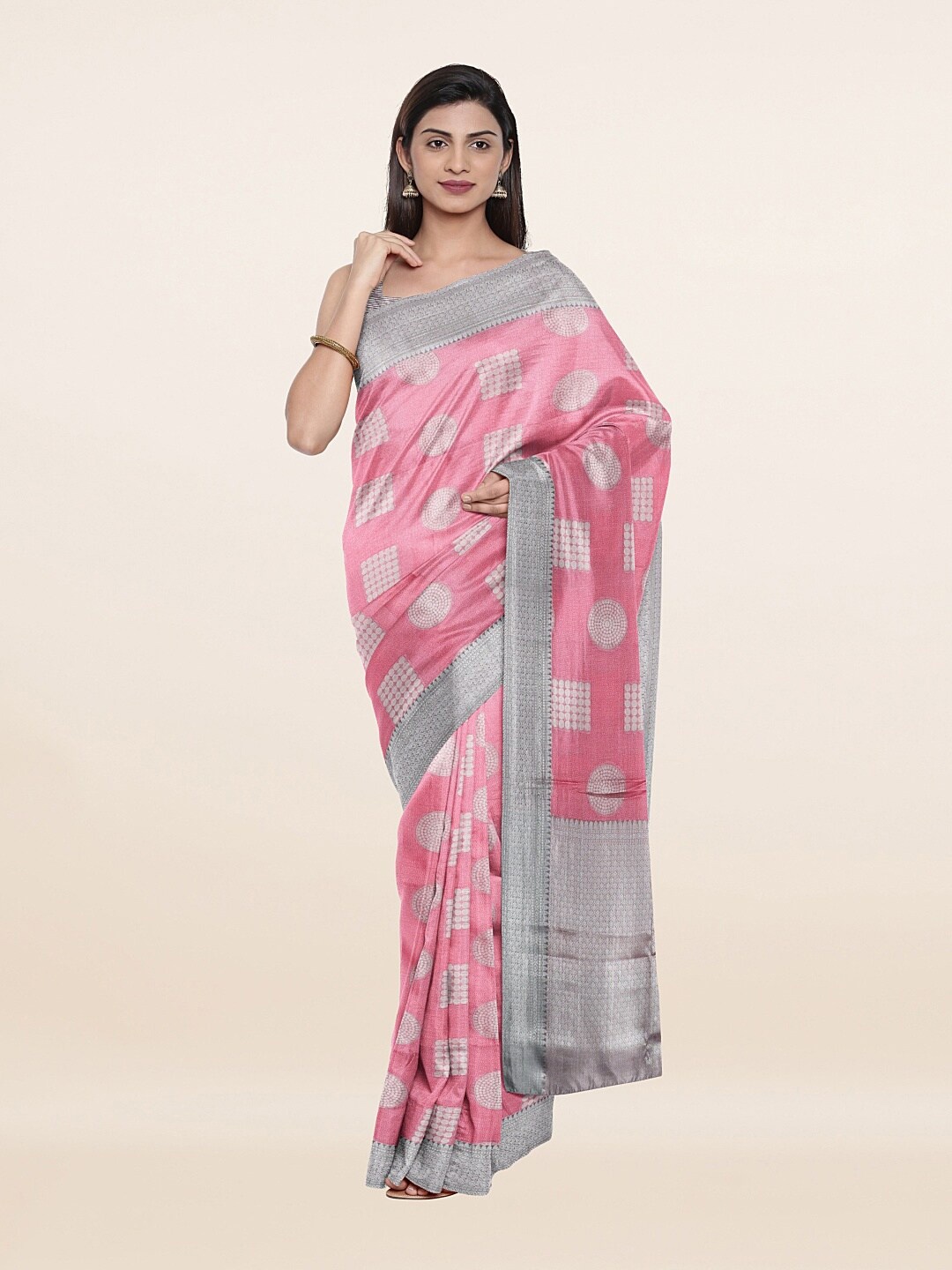 

Pothys Pink & Silver Ethnic Motifs Zari Art Silk Saree