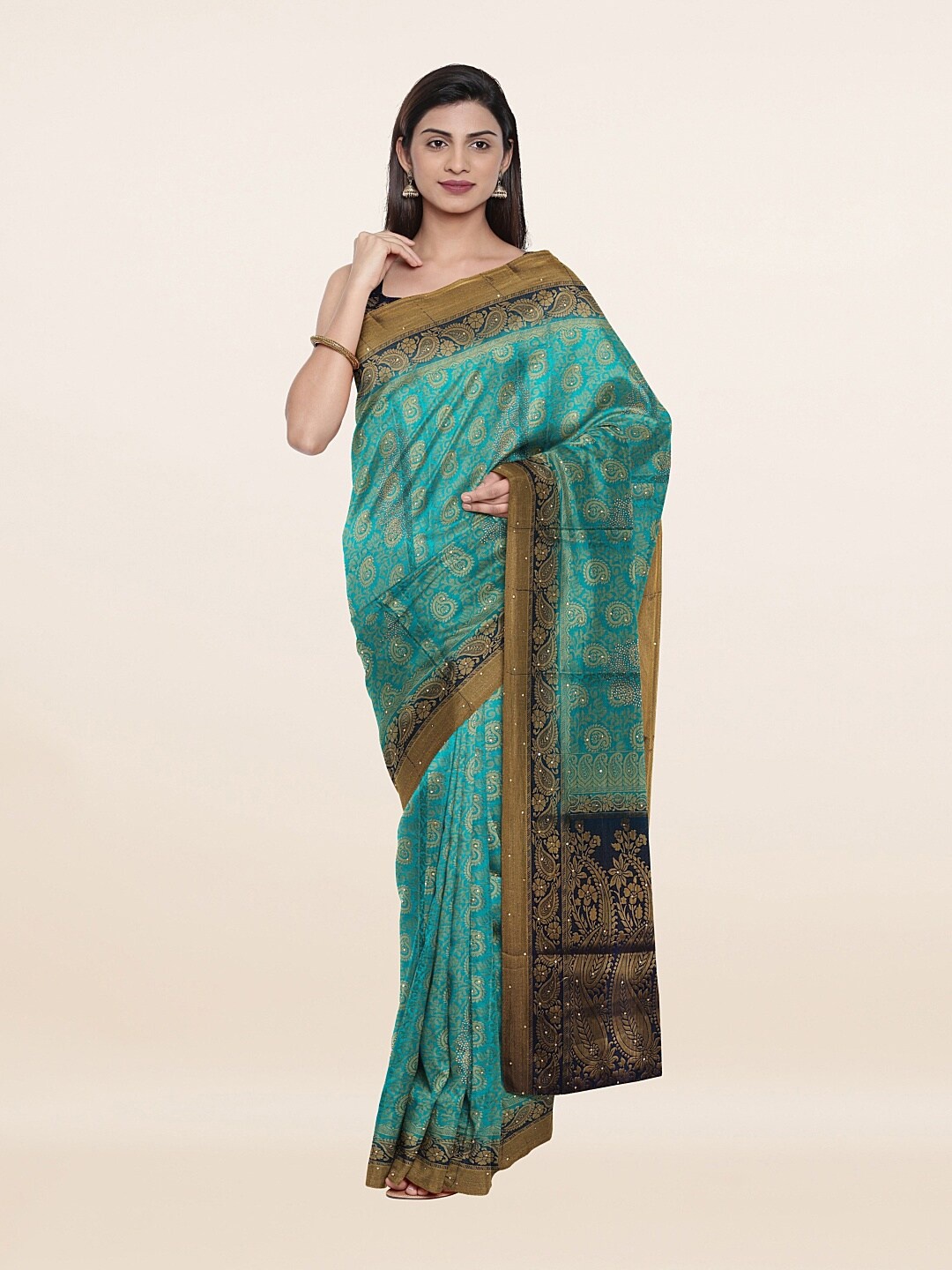 

Pothys Blue & Gold-Toned Paisley Zari Art Silk Saree